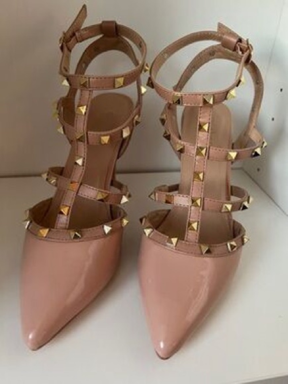 Catherines Nude Patent Pointed-Toe Studded Strappy Heels 👠 - LIKE NEW. WORN ONCE